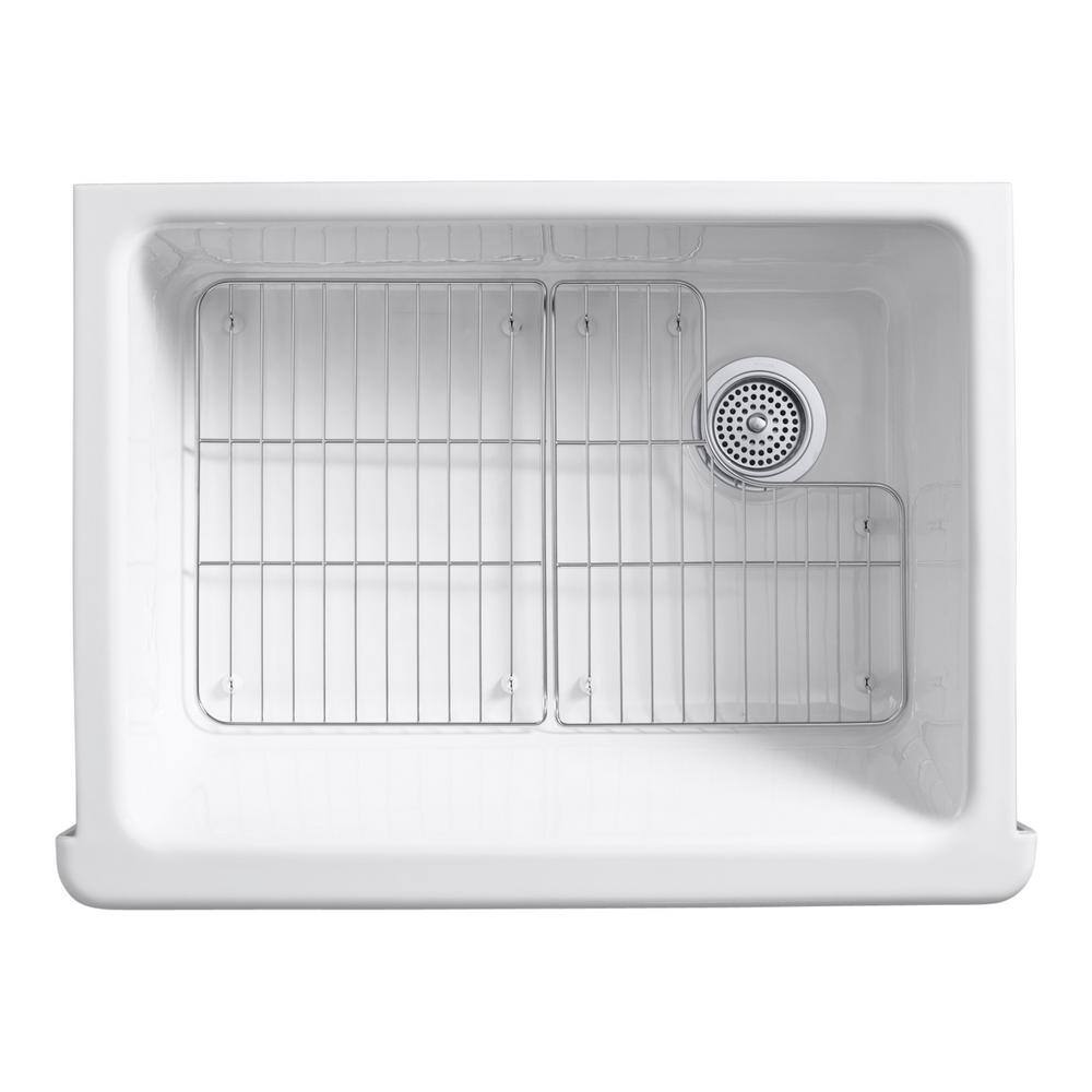 KOHLER Whitehaven Farmhouse Apron Front Self-Trimming Cast Iron 30 in. Single Bowl Kitchen Sink in White with Basin Racks K-6486-0-6638-ST