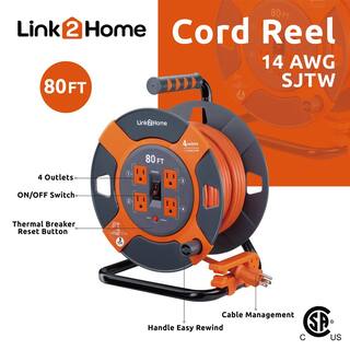 Link2Home 80 ft. 143 Extension Cord Storage Reel with 4 Grounded Outlets and Overload Protection EM-EL-800E