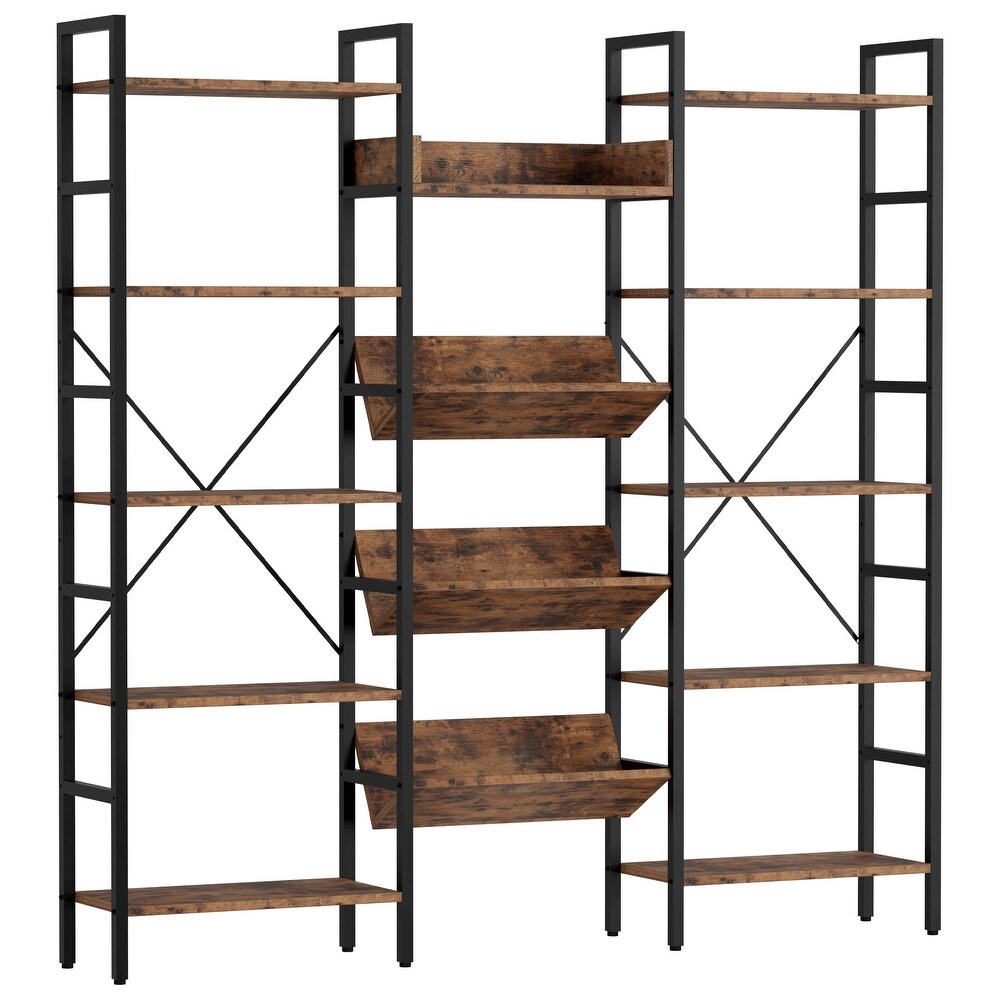 Bookcases and Bookshelves Triple Wide 5 Tiers Industrial Bookshelf  Large Etagere Bookshelf Open Record Player Shelves