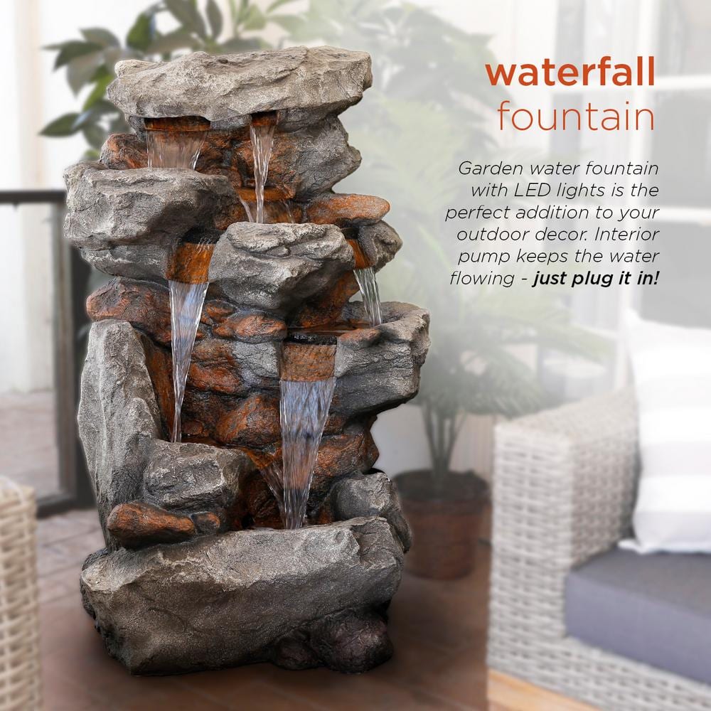 Alpine Corporation 52 in. Tall Outdoor 5-Tier Rainforest Rock Water Fountain with LED Lights WIN730