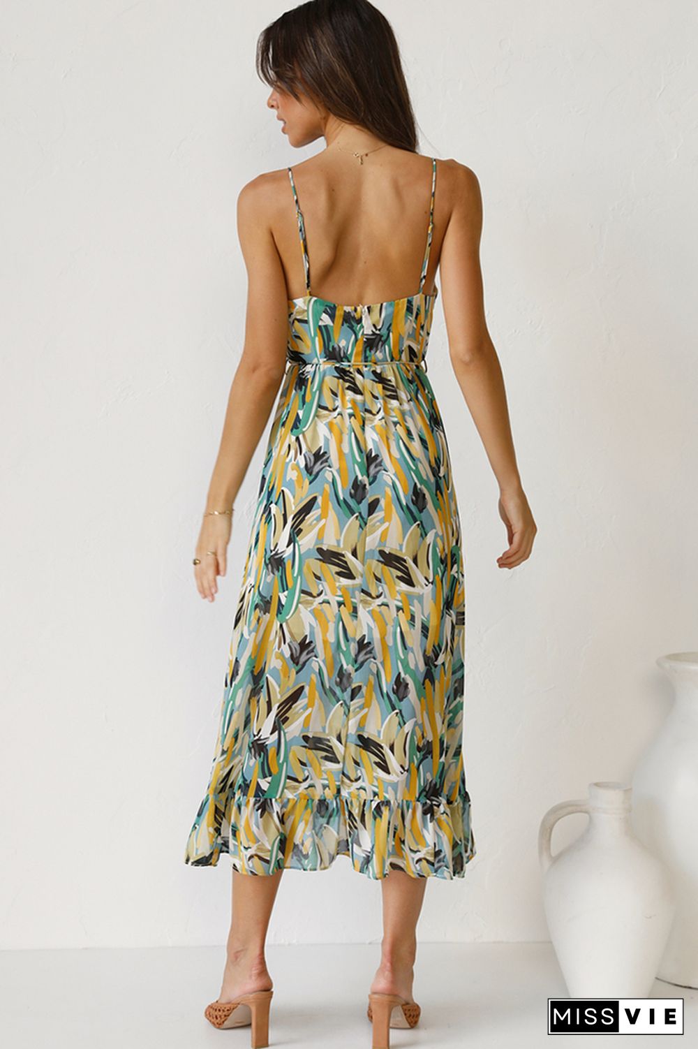 V Neck Halter Print Midi Dress Wholesale