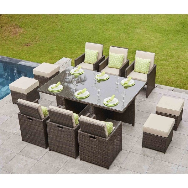 11-pc. Outdoor Patio Wicker Dining Table Set w/ Chairs and Ottomans -  - 19983697