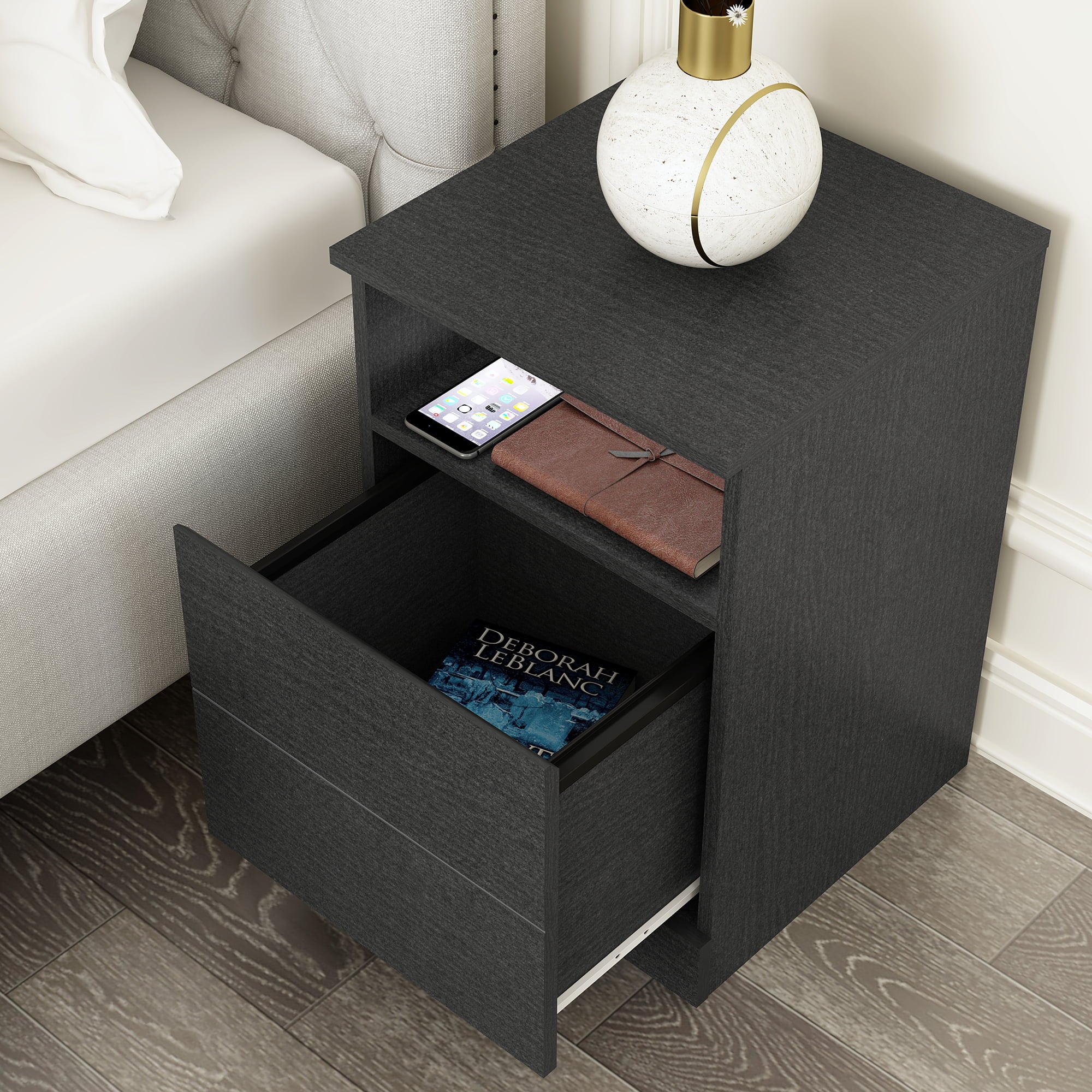 Brindle Rectangular Nightstands with USB and Storage, Set of 2, Black Oak