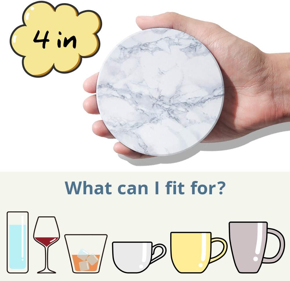 LIFVER 4 In White Marble-Style Absorbent Coasters for Drinks with Holder， Suitable for Kinds of Cups， Set of 6