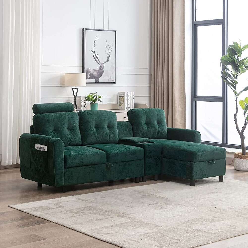 Cozy L Shaped Sectional Sofa with Storage and Cup Holders Emerald