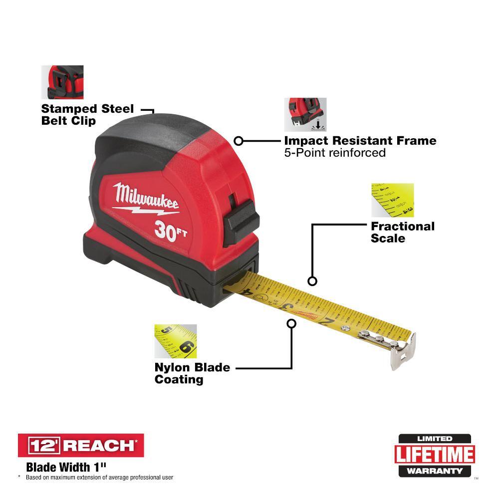 MW Compact 30 ft. SAE Tape Measure with Fractional Scale and 9 ft. Standout 48-22-6630