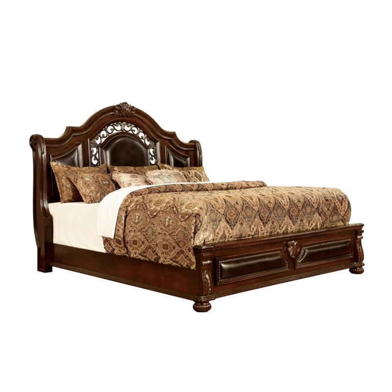 Furniture of America Eleo Traditional Faux Leather Panel Bed, King, Brown Cherry