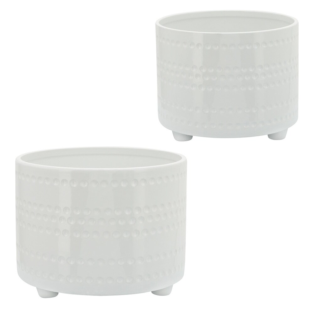 Set of 2 White Ceramic Outdoor Dotted Footed Planters 12\