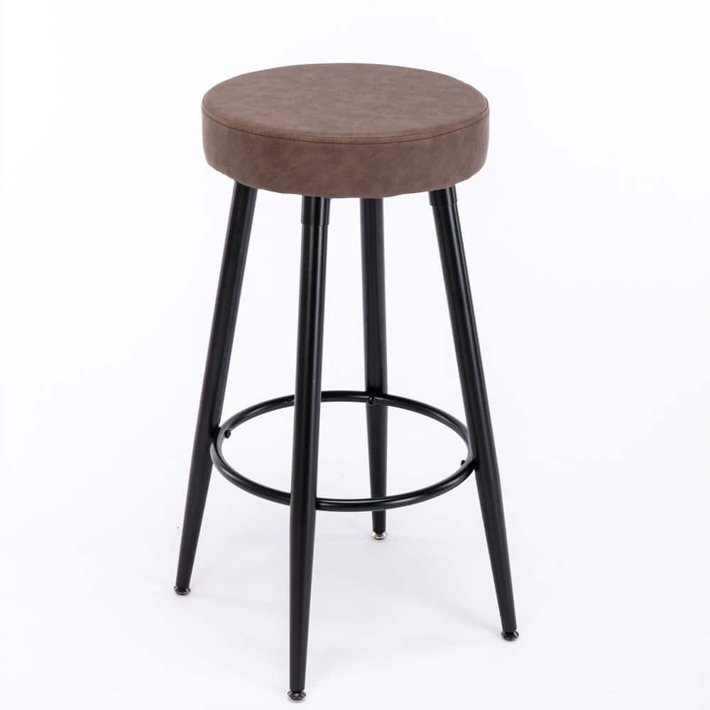 URTR 28 in. Simple Industrial Brown Metal Frame Bar Stools, Round Dining Stools, Bar Chair with Faux Leather Seat  (Set of 2) HY01918Y