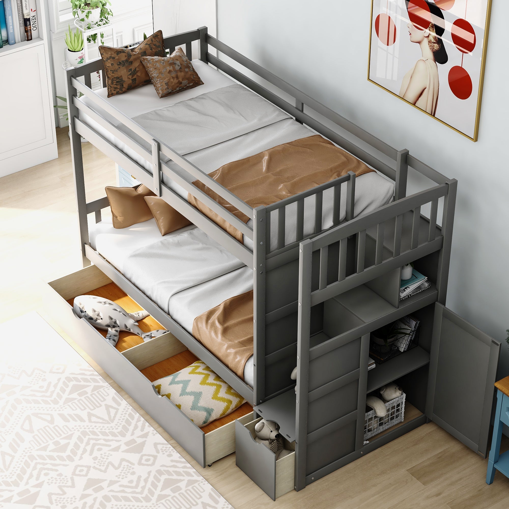 Euroco Twin over Twin/Full Bunk Bed for Kids Bedroom, Gray