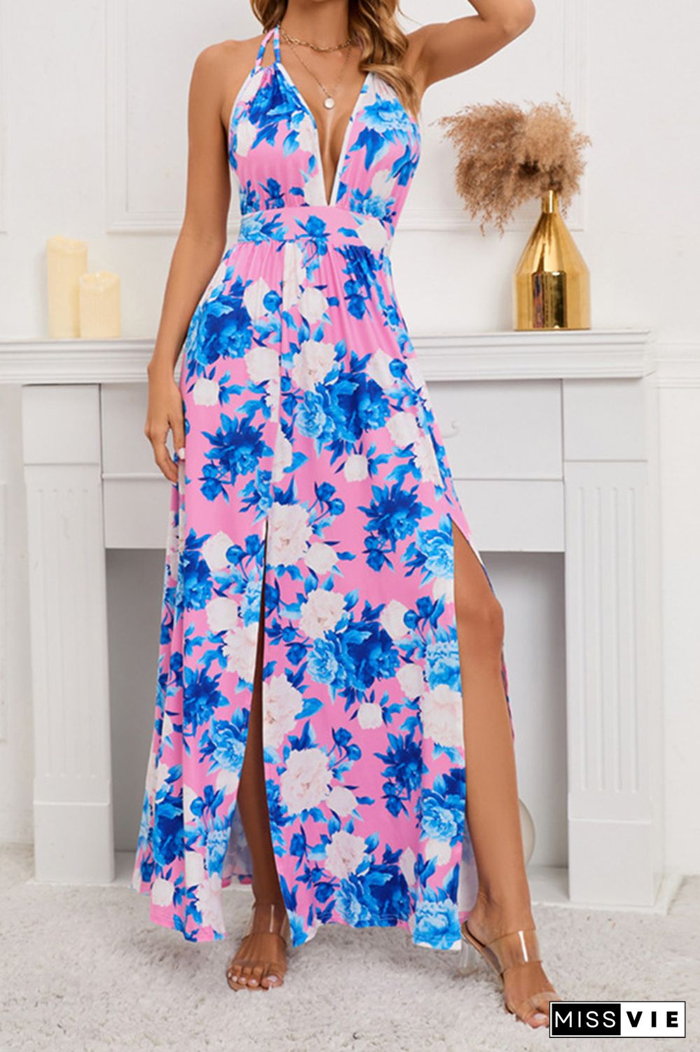 V Neck Halter Backless High Split Floral Maxi Dress