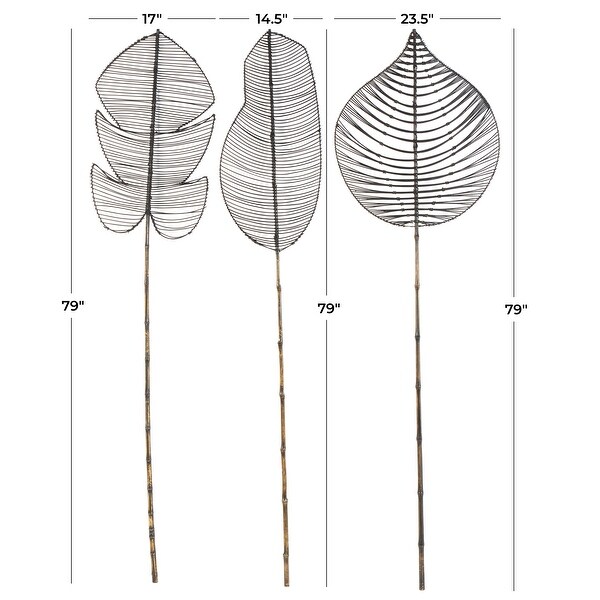 Black Bamboo Wood Handmade Tall Palm Leaf Woven Stick Leaf Home Decor Natural Foliage with Varying Shapes (Set of 3)