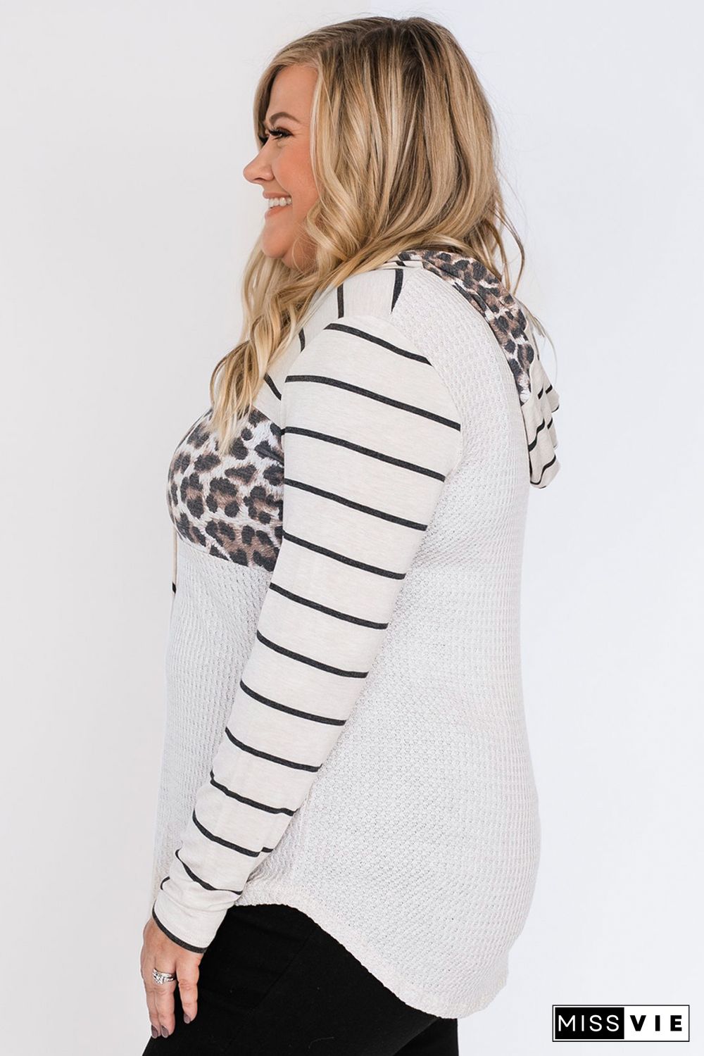 Striped Leopard Block Patchwork Plus Size Hoodie