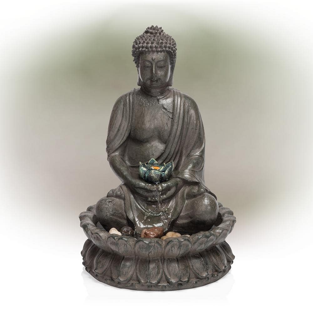 Alpine Corporation 19 in. Tall Indoor/Outdoor Tabletop Meditating Buddha with Lotus Flower Fountain with LED Light GEM178