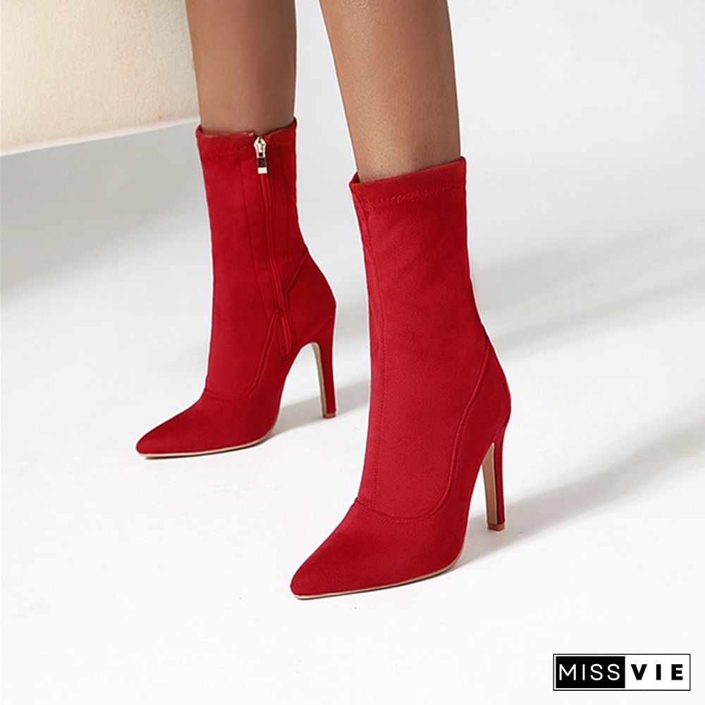 Autumn Ankle Boots Women Zipper Stiletto Heels Short Boots Sexy Super High Heel Shoes Ladies Winter Red Large Size 32-48