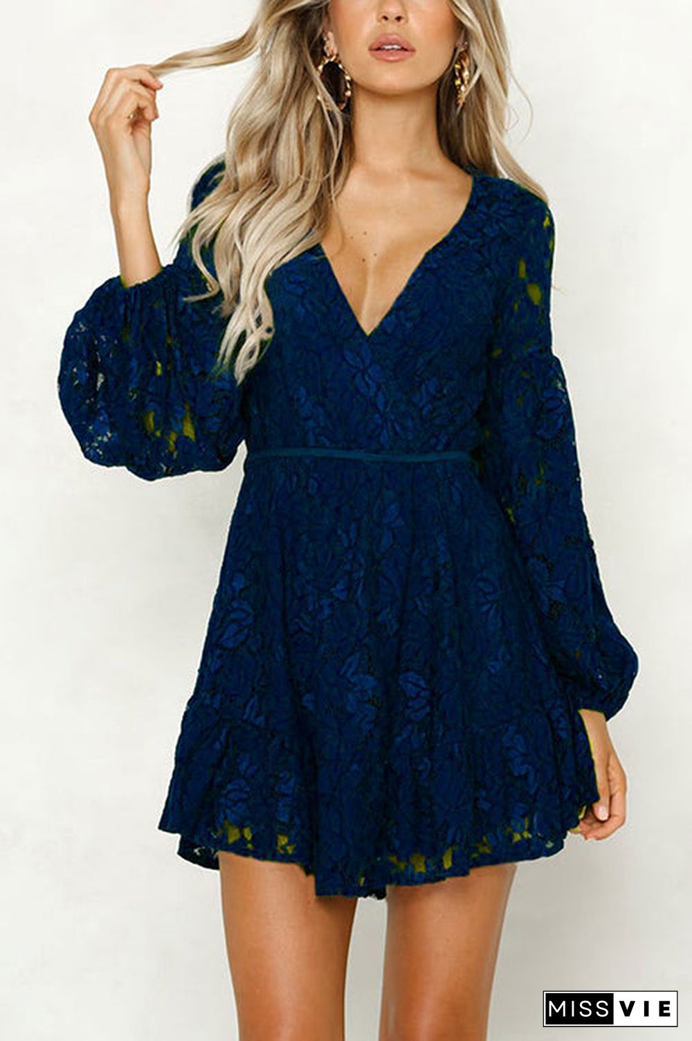 Lace V Neck Puff Sleeve Mini Dress