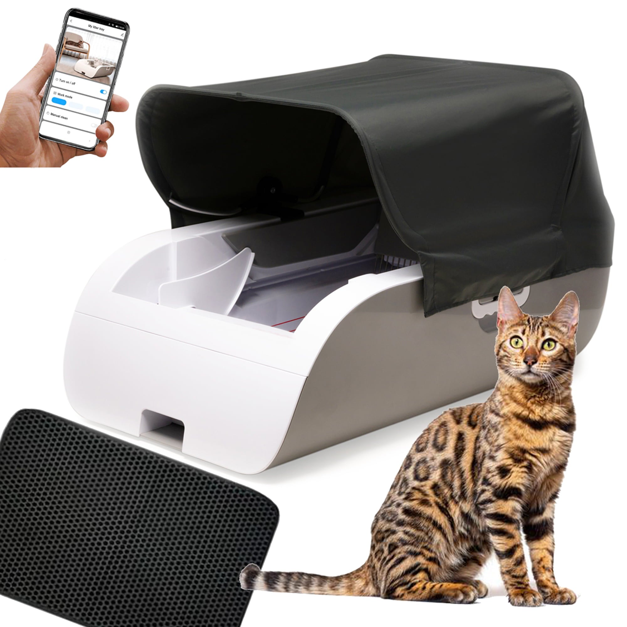 Suhaco Self-cleaning Cat Litter Box Smart Automatic Cat Litter Box Intelligent Sensing Anti-pinch No Scooping Odor Removal APP Control with Hood and Litter Mat