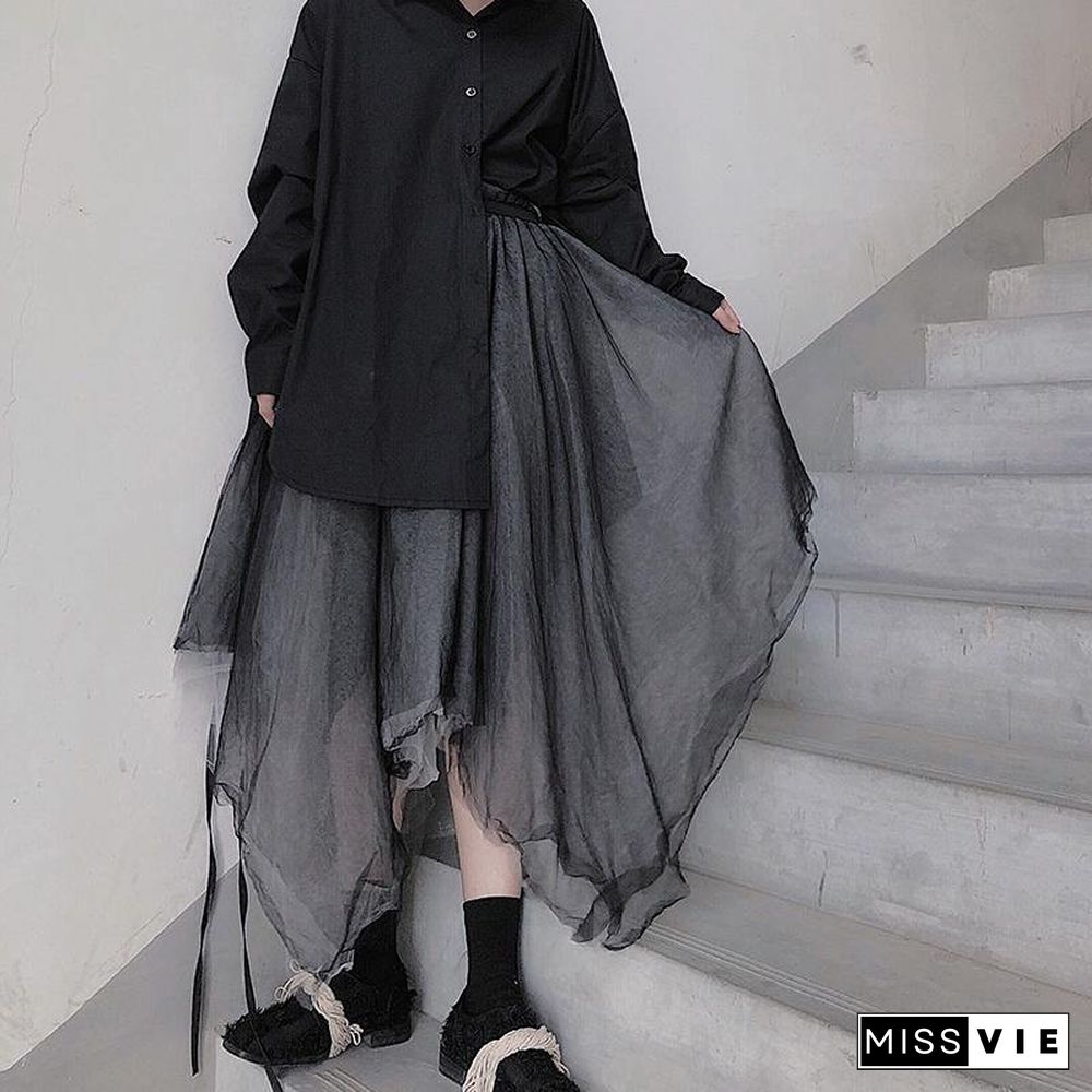 Heavy Industry Color Matching Mesh Irregular Hem Semi Black Skirt