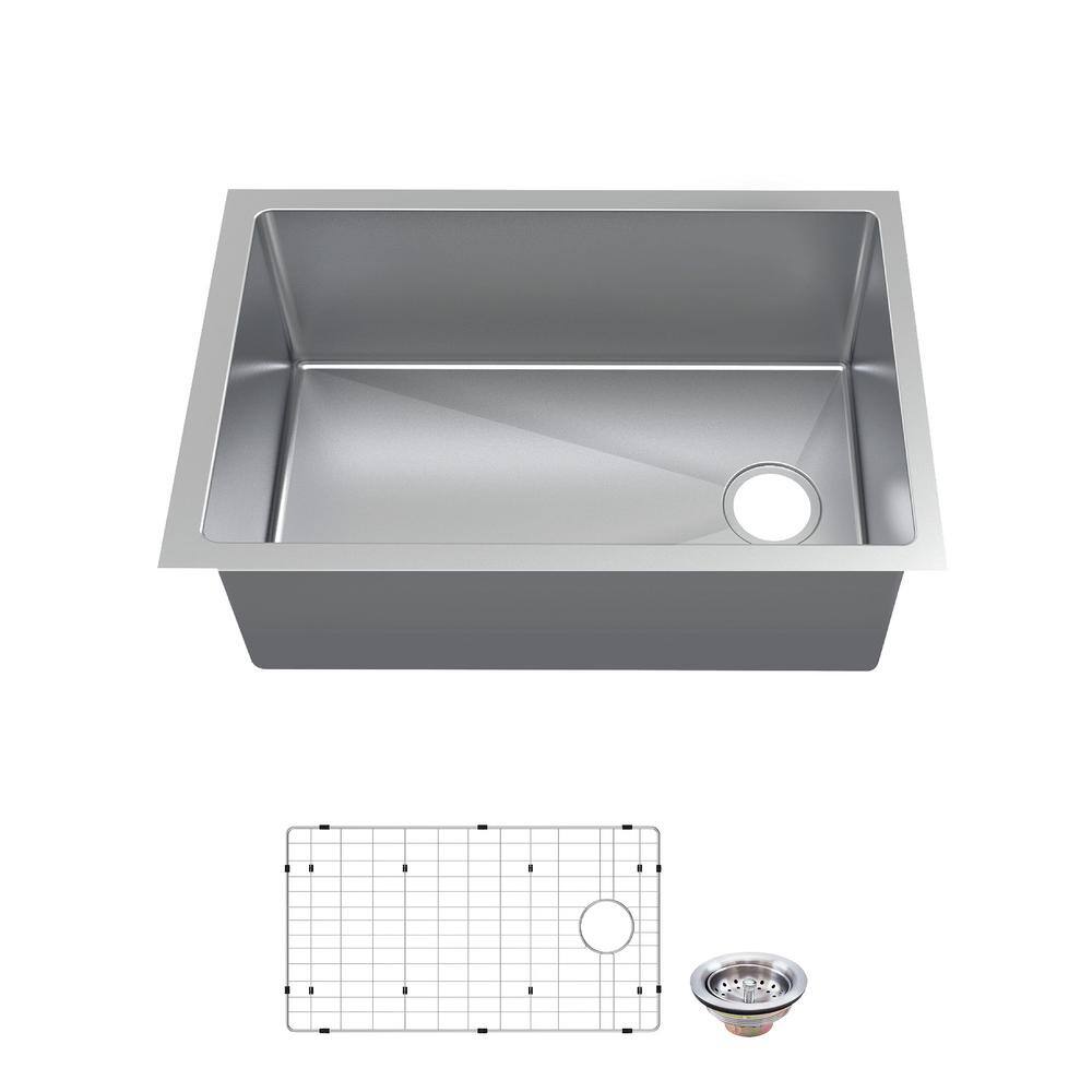 Glacier Bay Tight Radius Undermount 18G Stainless Steel 31 in. Single Bowl Kitchen Sink with Offset Drain and Accessories VUR3118A1ACC