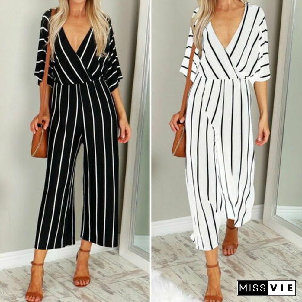 Wide Leg Pants Jumpsuit Ladies Half-sleeved Striped Loose Loose Trousers Jumpsuit Overalls