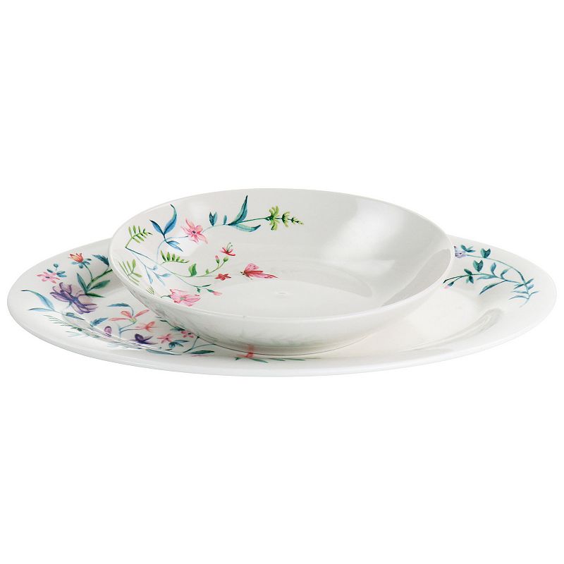 Gibson Everyday Butterfly Floral 2 Piece Fine Ceramic Platter and Dinner Bowl Set in White and Floral