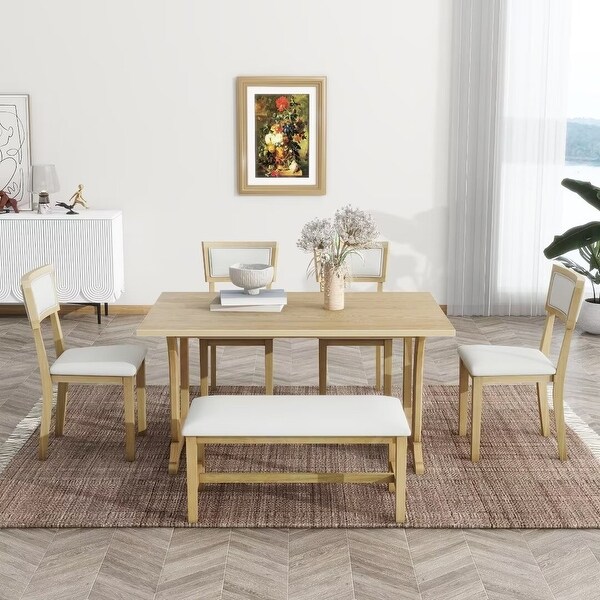 6Piece Trestle Dining Table Set w/ Upholstered Dining Chairs and Bench