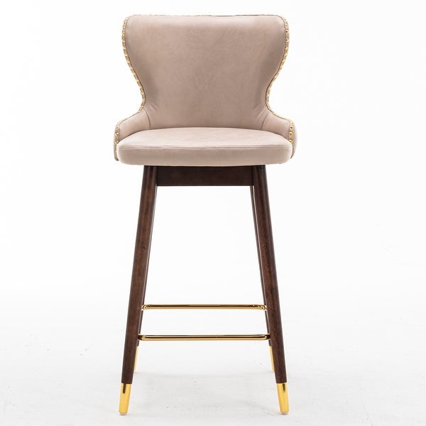 Modern Leathaire Fabric Bar Chairs with Tufted Gold Nailhead Trim Bar Stools and Footrest Set of 2 for Restaurant， Bistro