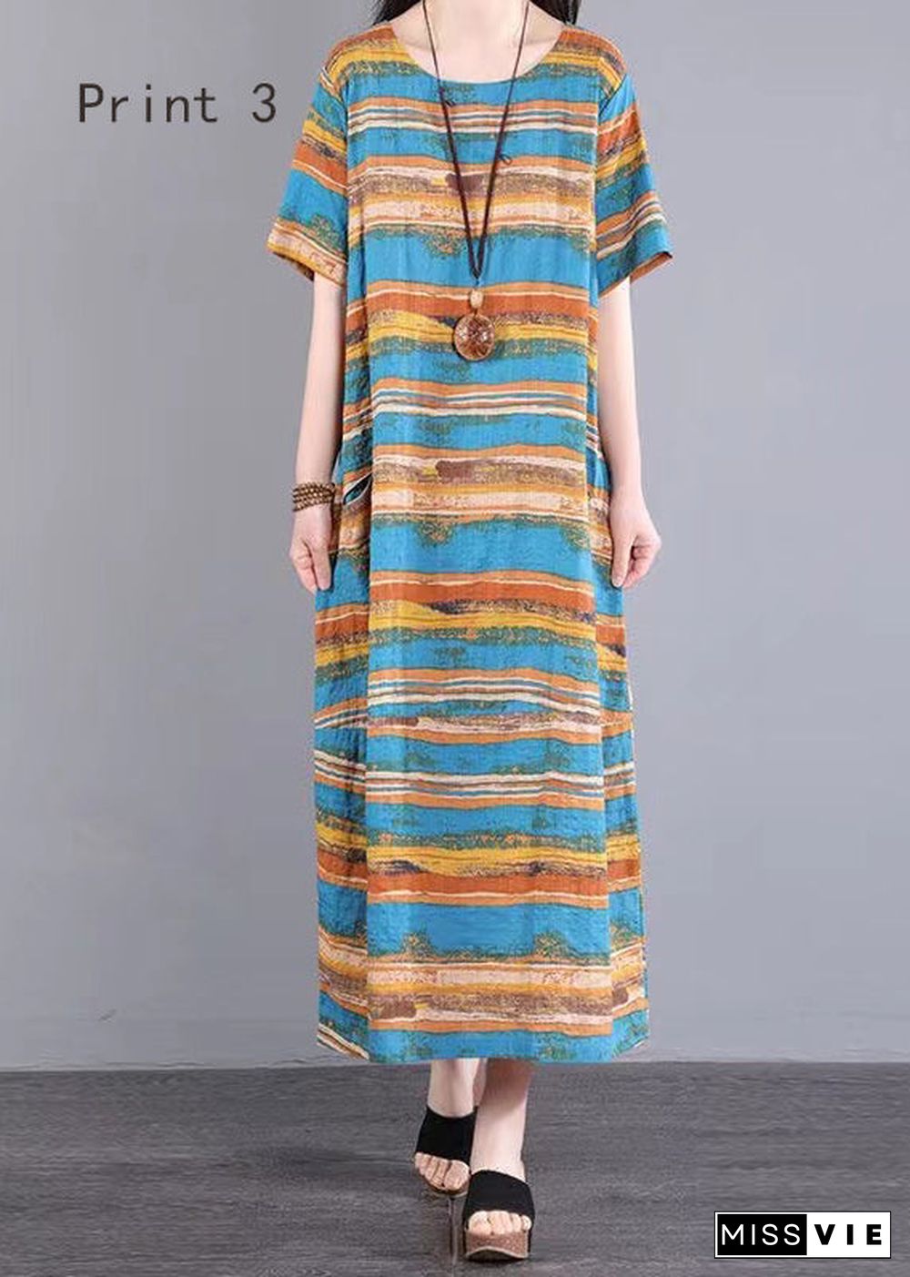 Handmade O Neck Print Patchwork Cotton Long Dress Summer