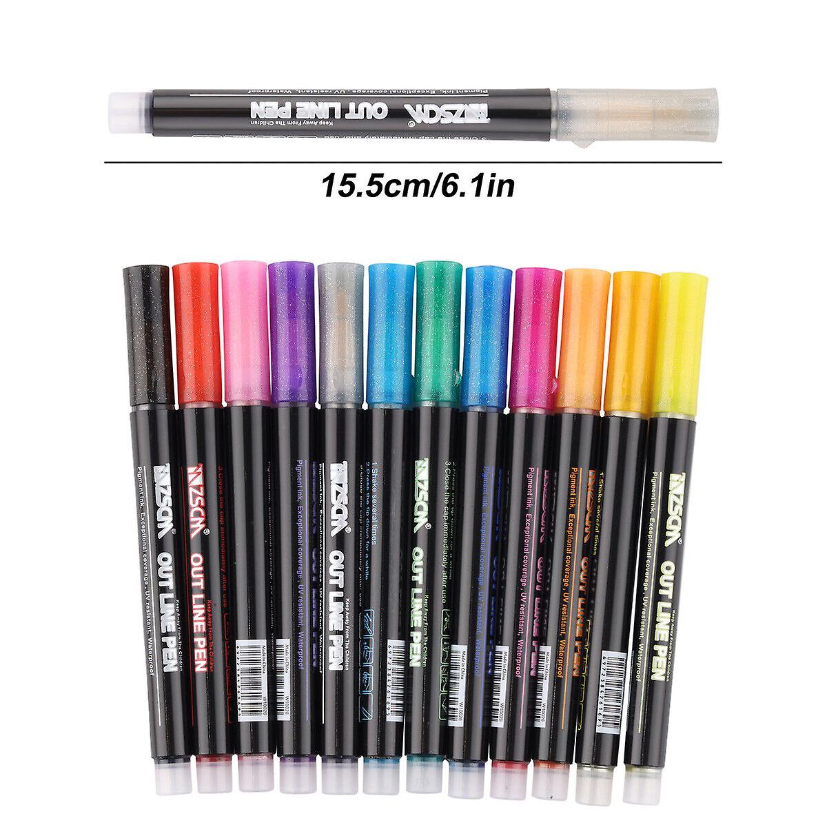 Drawing Marker Pens Double Line Outline Pens 12 Color Self Outline Metallic. W12068984