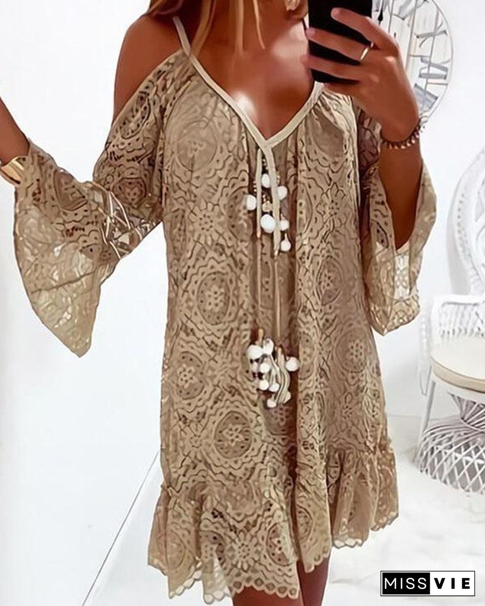 Lace Crochet 3/4 Sleeves Off Shoulder Tunic Dresses