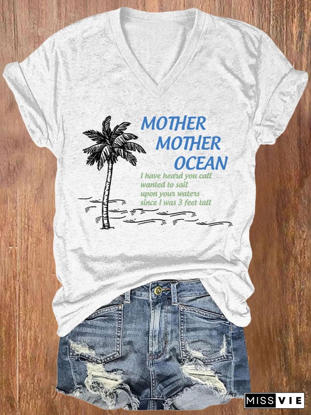 V-neck Mother, Mother Ocean, I Have Heard You Call. Wanted To Sail Upon Your Waters Since I Was Three Feet Tall Pink Print T-Shirt