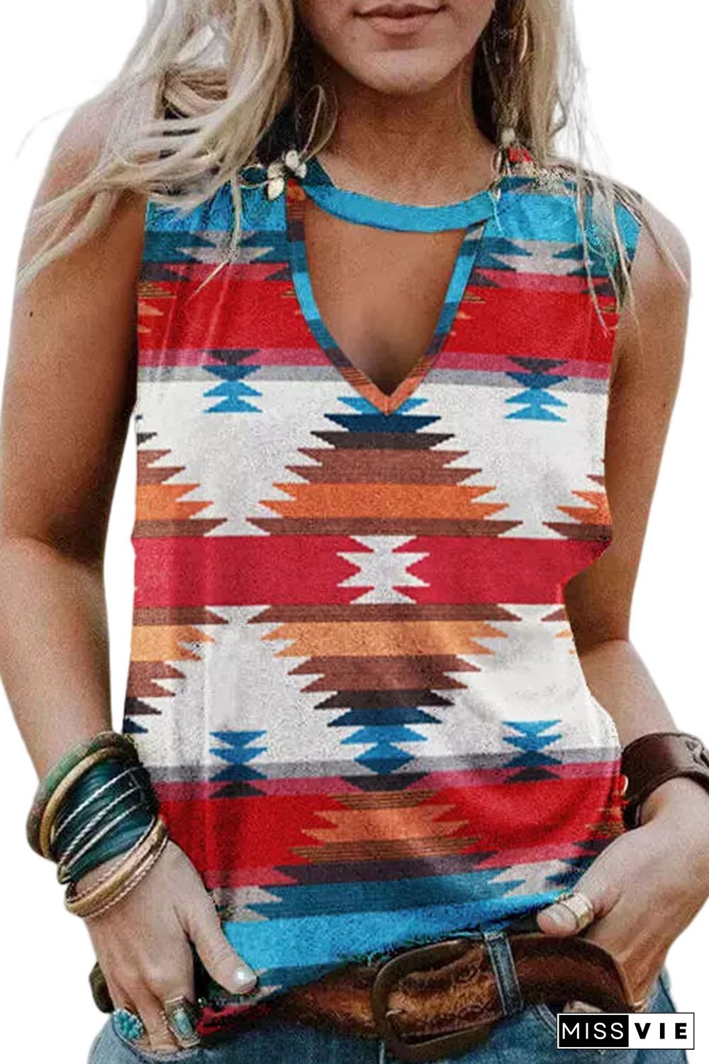 Red Aztec Geometric Print Hollowed Neckline Tank Top