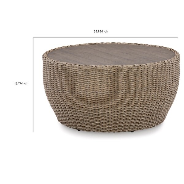 36 Inch Outdoor Coffee Table，Curved，Handwoven Resin Wicker，Beige Finish