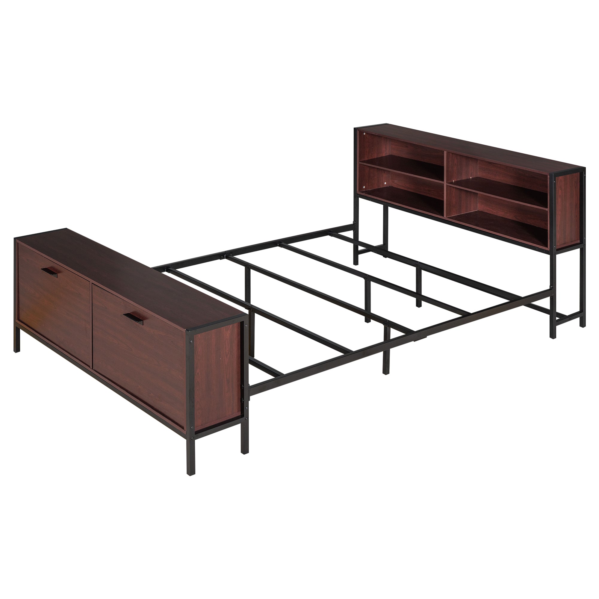 EUROCO Queen Size Metal Platform Bed with Storage Cabinet and Shelf for Bedroom, Black