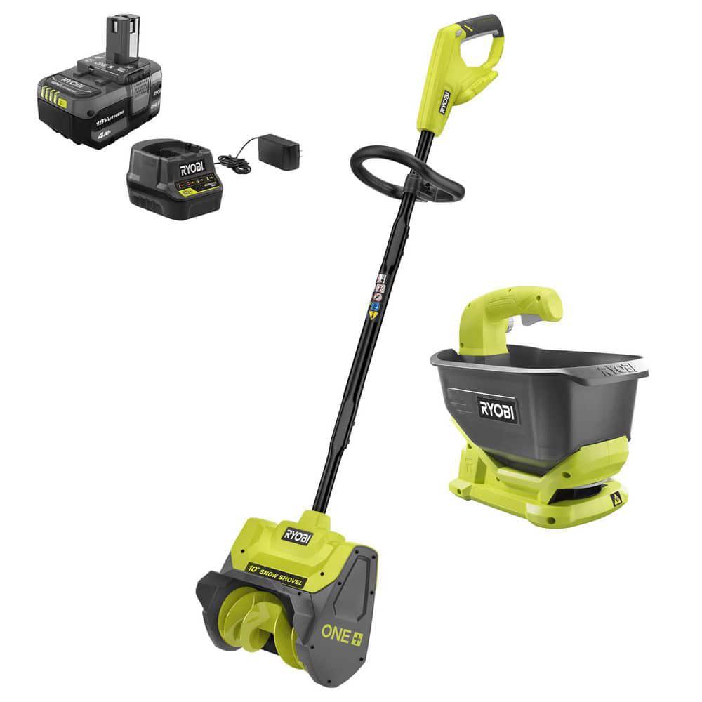 RYOBI ONE 18V 10 in Cordless Electric Snow Shovel with Salt Spreader 40 Ah Battery and Charger