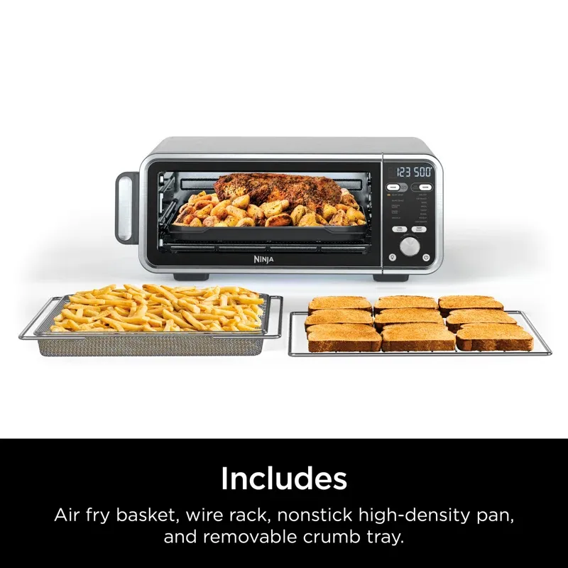 Ninja SP301 Dual Heat Air Fry Countertop 13-in-1 Oven with Extended Height， XL Capacity， Flip Up and Away Capability for Storage Space， with Air Fry Basket， SearPlate， Wire Rack and Crumb Tray， Silver