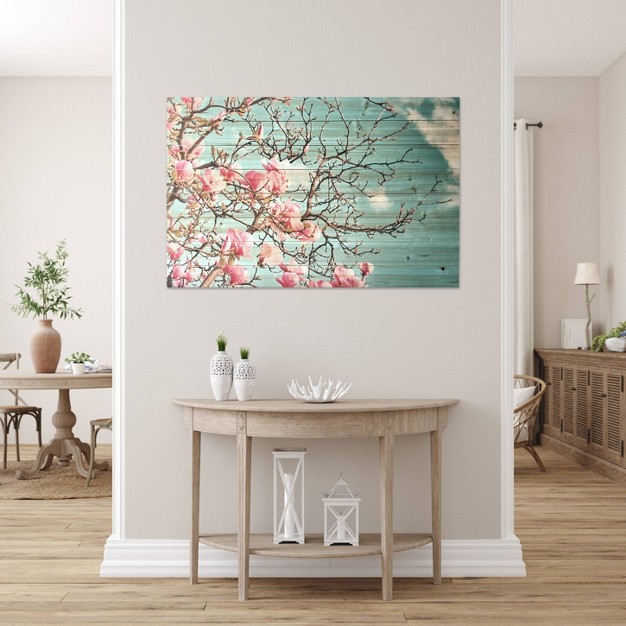 X 36 quot Magnolia Blossom Print On Planked Wood Wall Sign Panel Light Blue pink Gallery 57