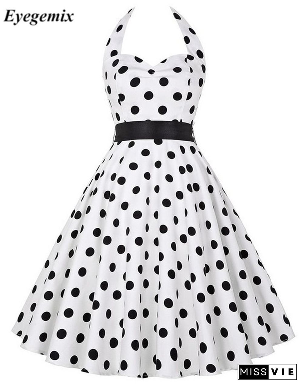 Women Polka Dot Print Summer Dress Sexy Retro White Black Halter Vintage Dress Robe Femme Pin Up 50S 60s Rockabilly Party Dress