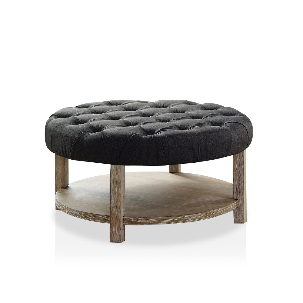 Harissa Farmhouse Round Fabric Storage Tufted Cocktail Ottoman by Furniture of America