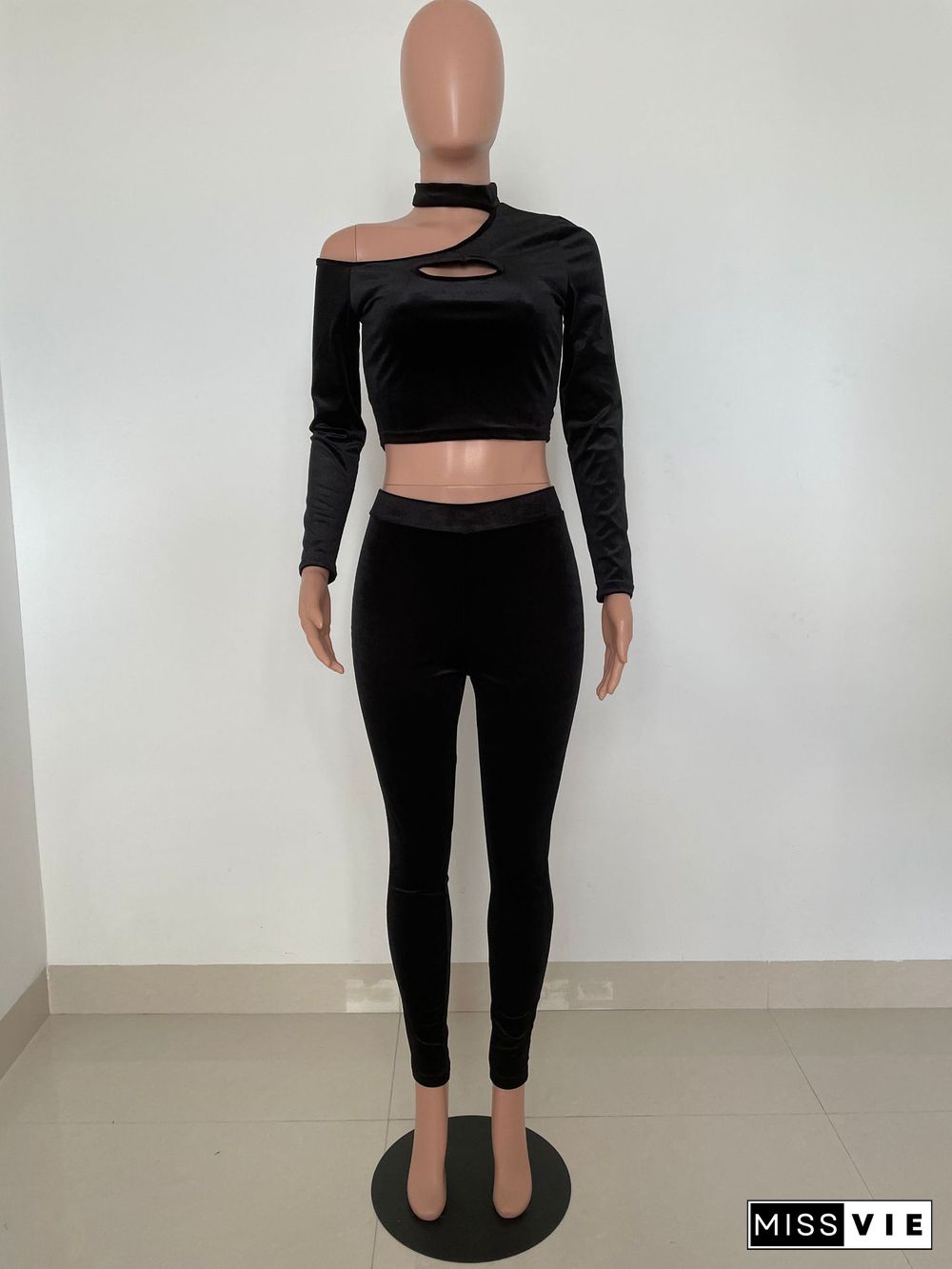 Velvet Hollow Out Crop Top Pencil Pants Set