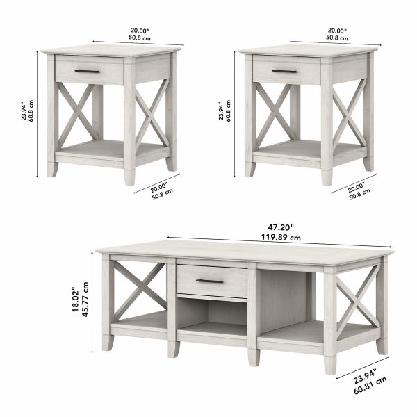 Bush Furniture Key West Coffee Table with Set of 2 End Tables in Linen White Oak