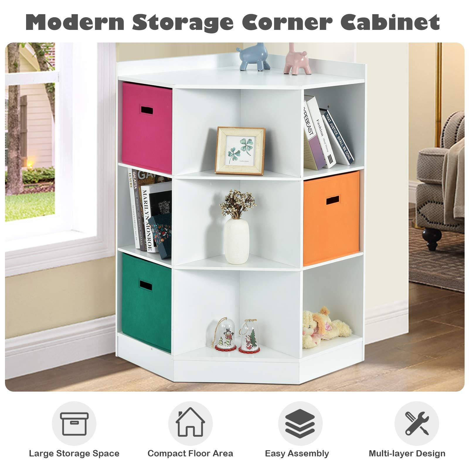 Costzon Children's Corner Cabinet with 6 Cubes and 3 Shelves