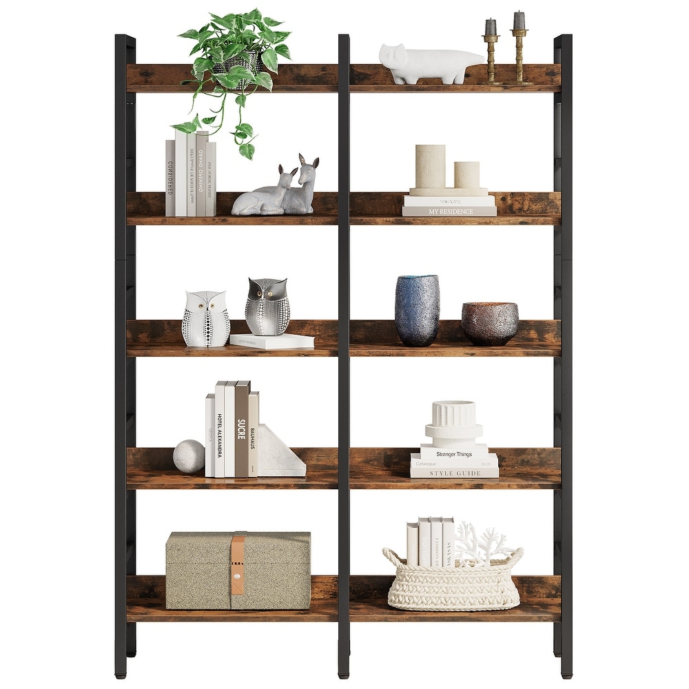 Double Wide Bookshelf  5 Tier Industrial Etagere Bookcase Free Standing Tall Book Shelf  Rustic Brown