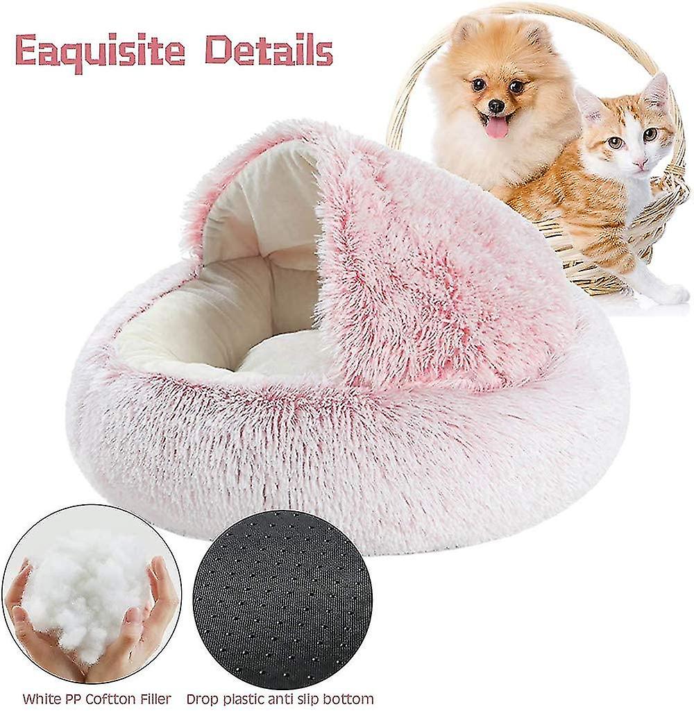 Fluffy Cat Bed， Round， Soft Plush， Den With Hood， Cat Bed， For The Winter， Warm， Sleeping Pillow， Non-slip， Machine Washable， For Cats And Puppies