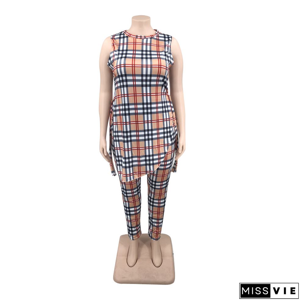 Plus Size Plaid Print Tank Tops Pencil Pants Sets