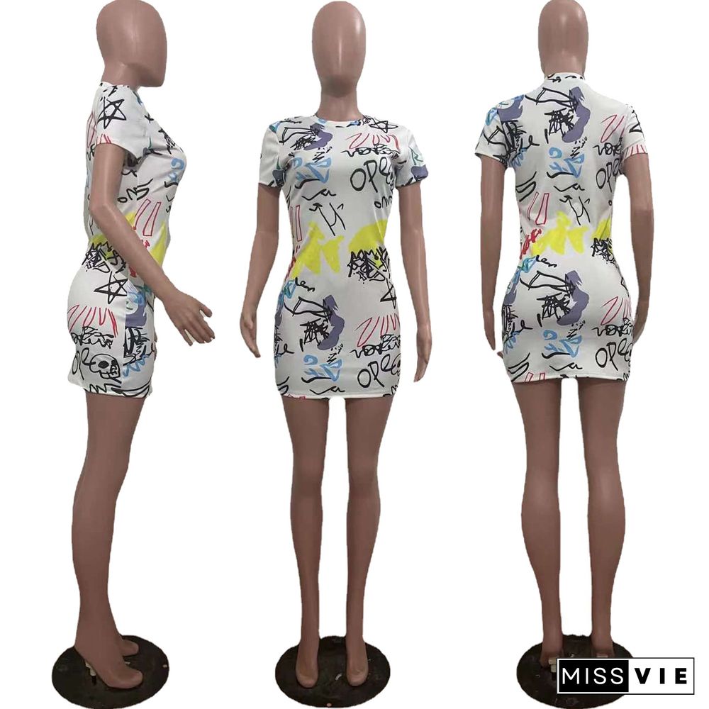 Fashion Graffiti Printed Women Casual Sexy Short Sleeve O Neck Bodycon Club Wear Mini Dresses