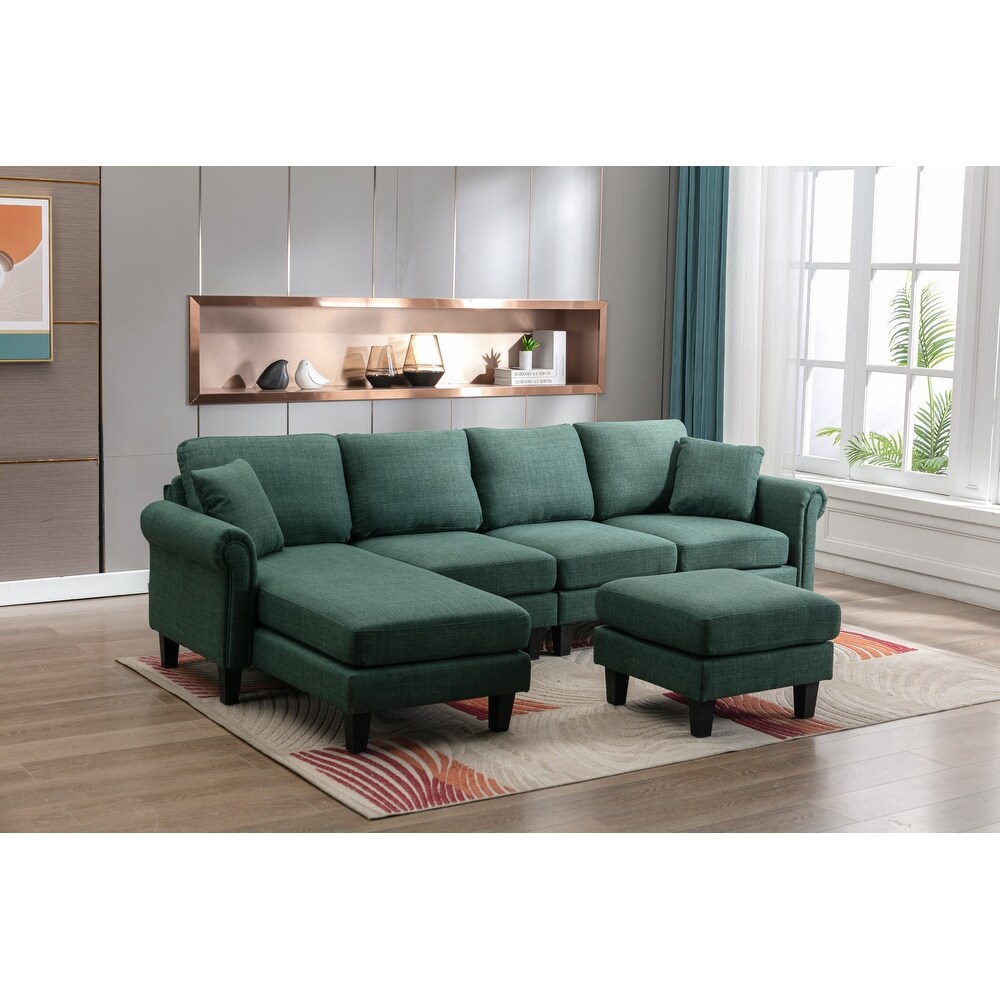 Velvet Upholstered L Shaped Sectional Sofa With Ottoman