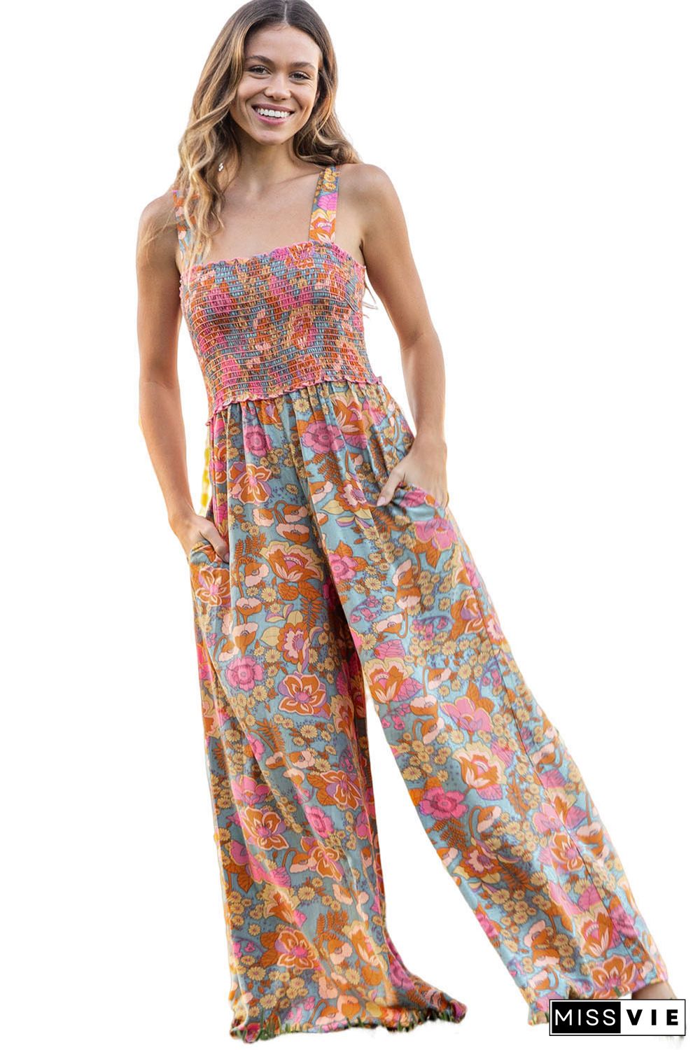 Sky Blue Boho Floral Smocked Sleeveless Wide-Leg Pocket Jumpsuit