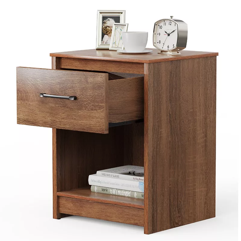 Wooden Nightstand with Drawer and Open Storage Compartment