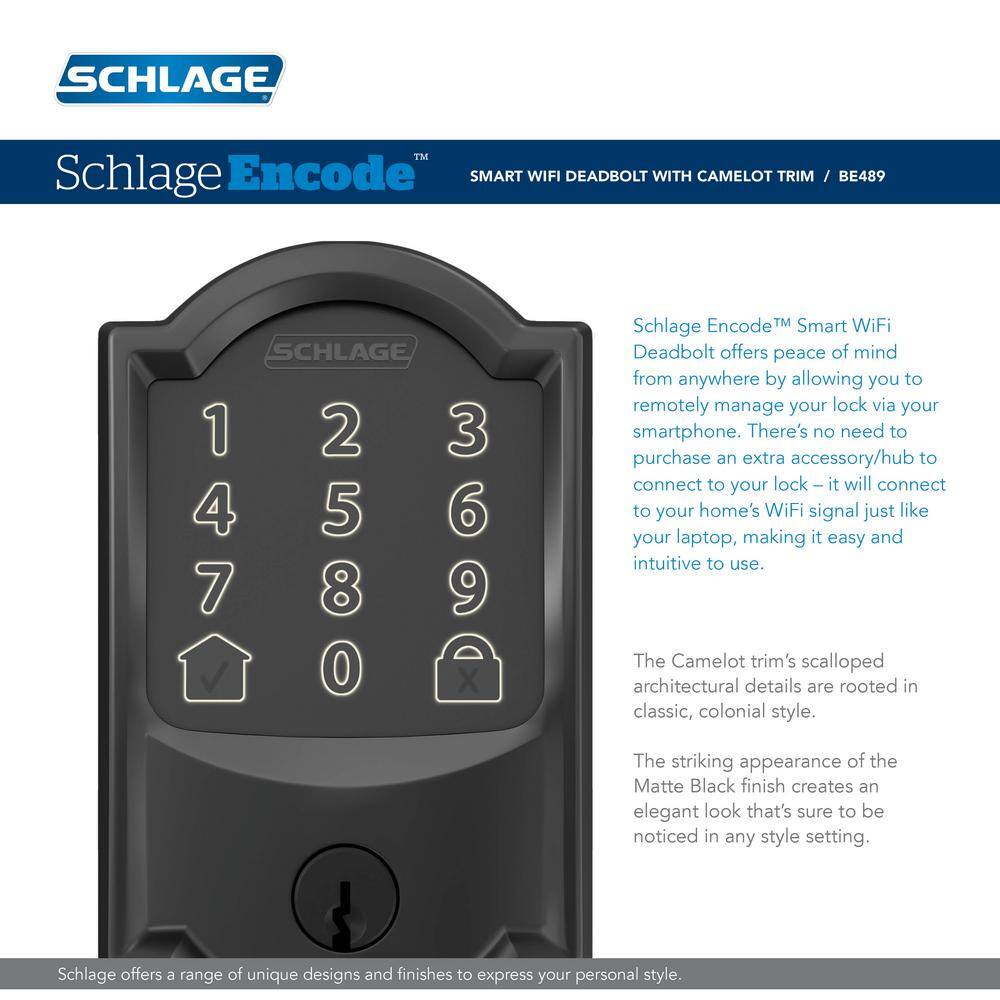 Schlage Camelot Matte Black Electronic Encode Smart WiFi Deadbolt with Alarm BE489WB CAM 622